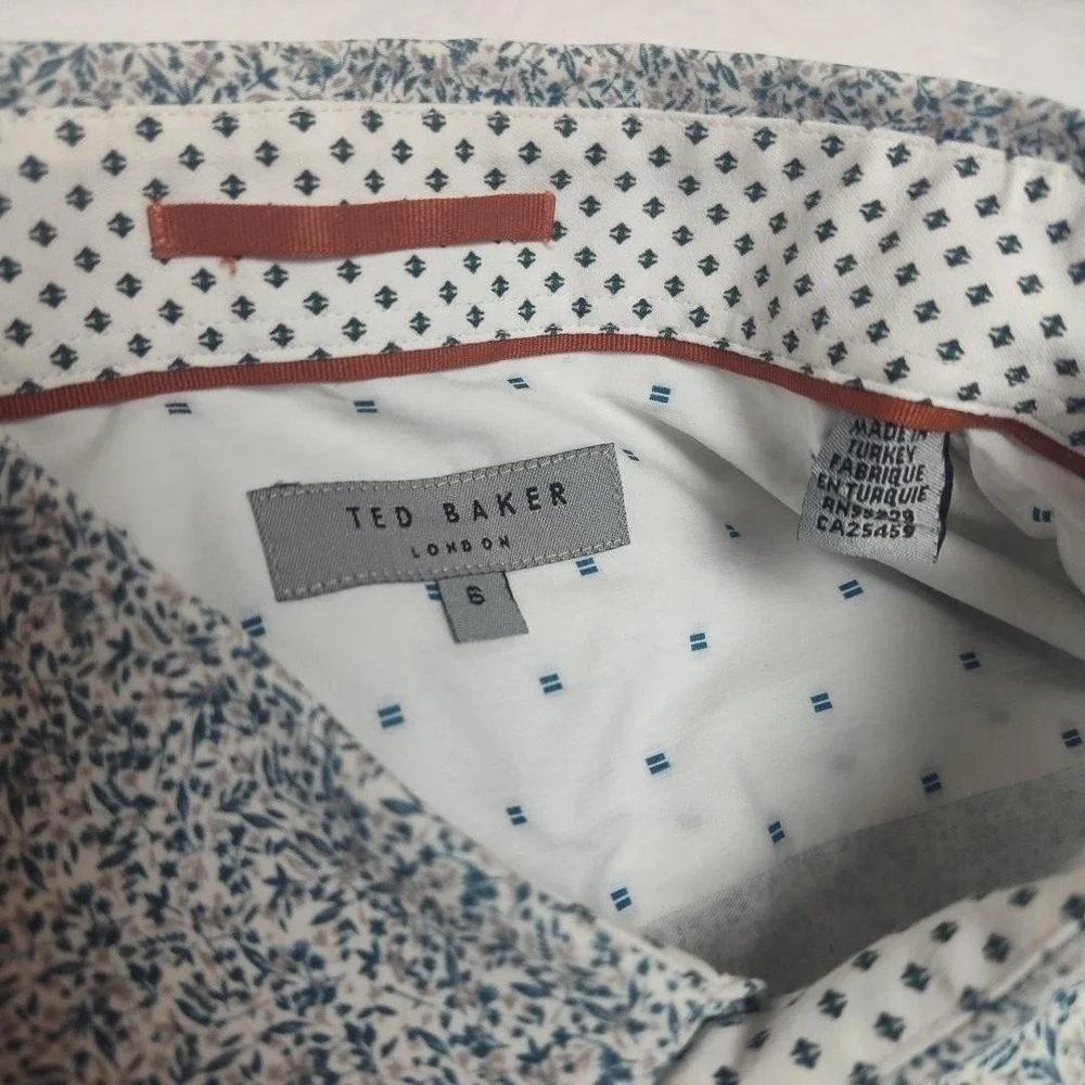 Ted Baker Shirt Mens XL White Blue‎ Floral Long Sleeve Button Up Casual
